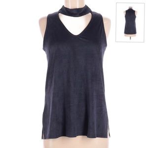 Navy suede sleeveless top with neck cutouts